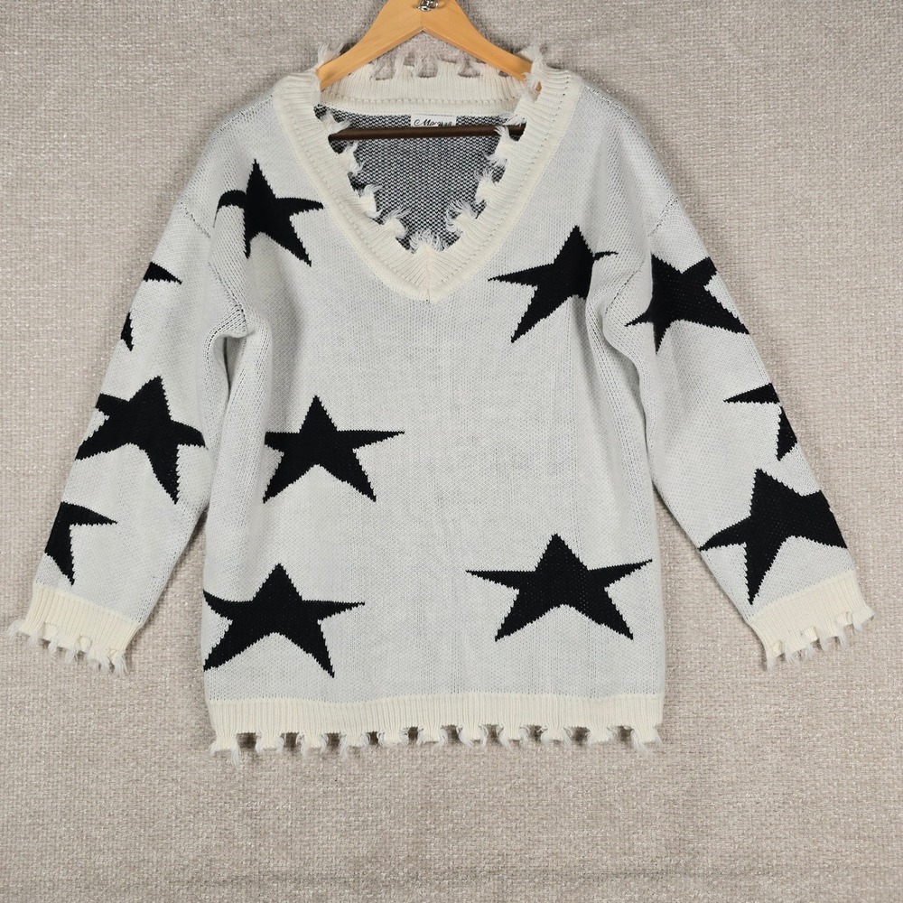 Macaron Womens White Black Star Distressed V-Neck Knit Sweater IP3015 Small